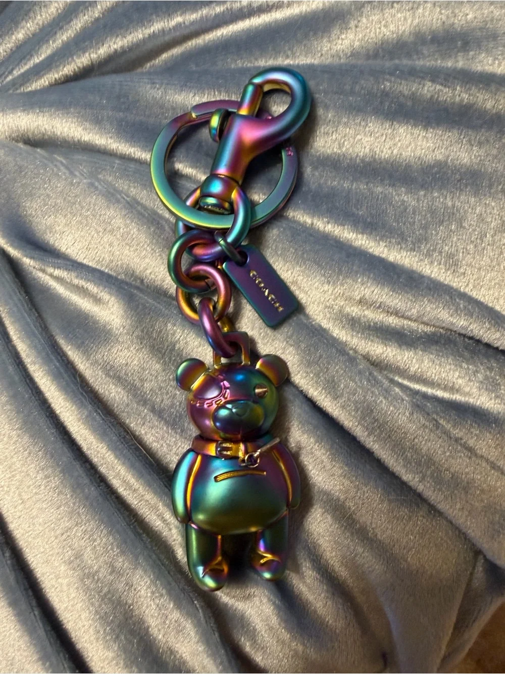 Coach Iridescent Rainbow Oil Slick Teddy Bear Keychain Charm